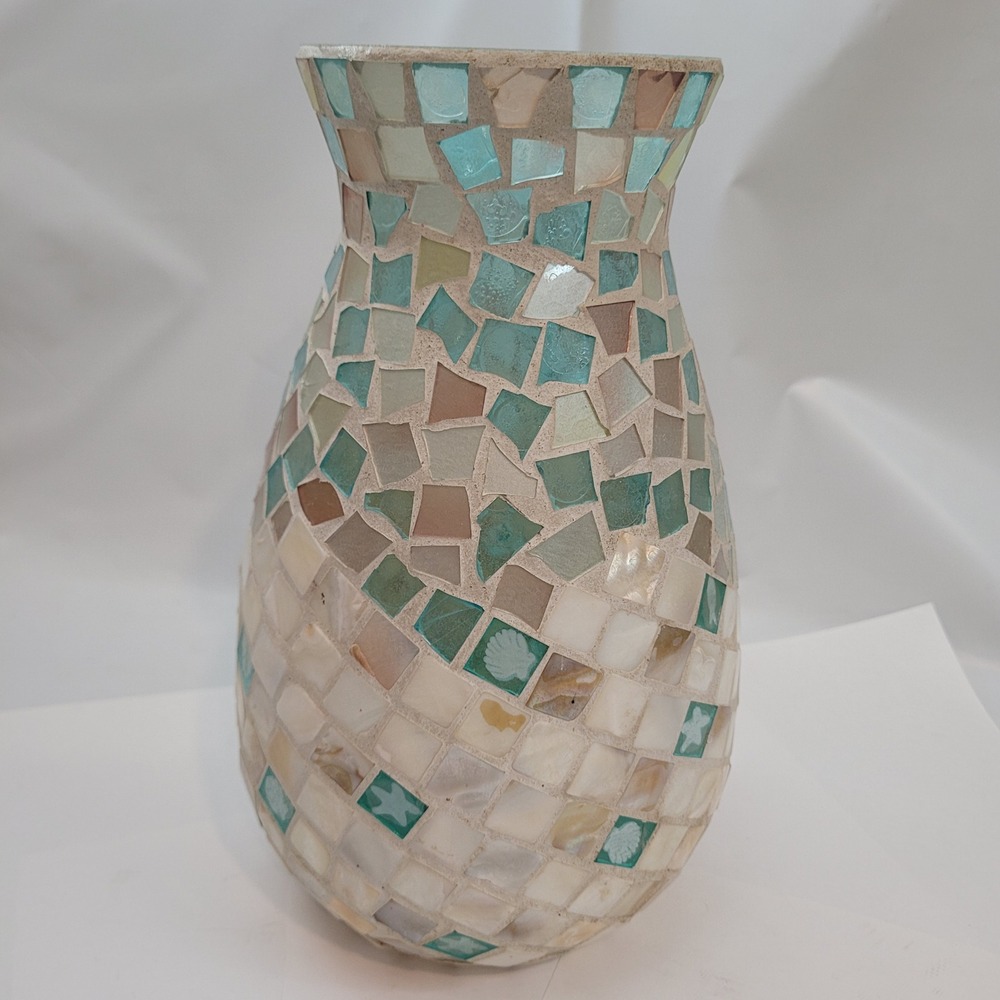 Handcrafted Mosaic Sea Glass and Shell Vase Coastal Teal Cream 9.5 Inch Decor